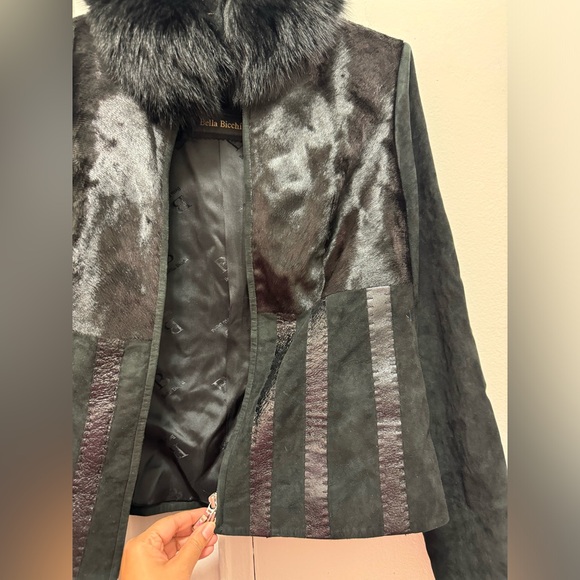 Bella Bicchi Black Leather Fur Suede Coat Jacket Saga Fox Collar mob wife - Picture 8 of 8